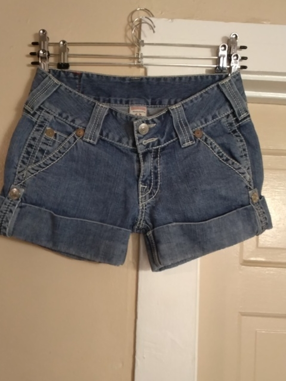True Religion Medium Blue Rolled Hem Denim Shorts